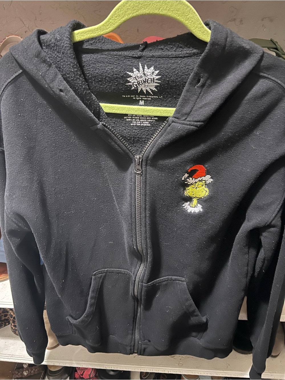 Kids' Black Grinch Zip-Up Hoodie with Festive Embroidery